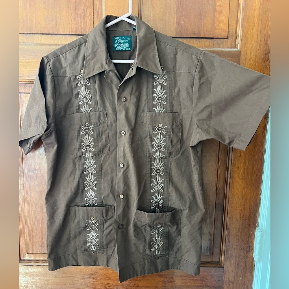 Vintage Brown Embroidered Western Guayabera Shirt | Haband of Paterson | Men’s M